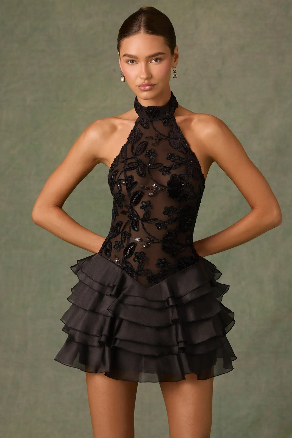Embellished Ruffled Halterneck Mini Dress in Black