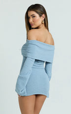 Pietra Mini Dress - Knitted Off Shoulder Dress in Baby Blue