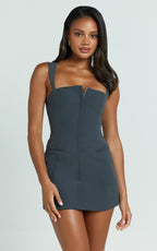 Jenni Mini Dress - Zip Through Square Neck Open Back Dress in Dusk Grey