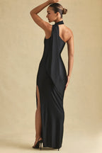 Kateproms Asymmetric Scarf-Detail Maxi Dress in Black