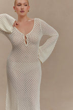 Kayleigh Crochet Fishtail Flare Sleeve Maxi Dress - White