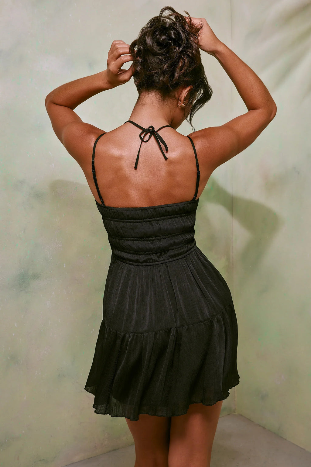 Shirred Bodice A-Line Mini Dress in Black