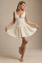 Broderie Anglaise Bow-Detail A-Line Mini Dress in Ivory