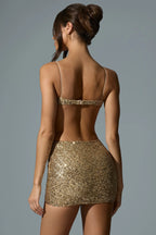 Embellished Cut-Out Mini Dress in Gold