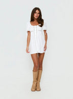 Indianah Pleat Lace Panel Mini Dress White