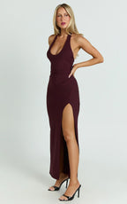 Ruby Maxi Dress - Halter Scoop Neck Low Back Bodycon Dress in Wine
