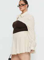Belva Long Sleeve Corset Shirt Mini Dress Brown Stripe Curve