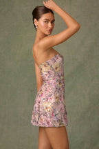 Embellished Convertible Lace-Up Gown in Floral Pink