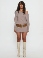 Caia Off Shoulder Long Sleeve Jersey Mini Dress Chocolate Stripe