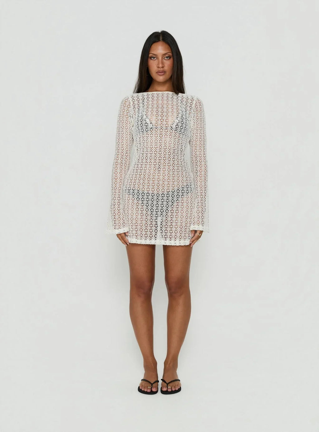 Lisella Long Sleeve Crochet Mini Dress Cream