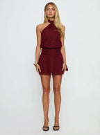 Eurythmic Scarf Halter Mini Dress Burgundy Jacquard