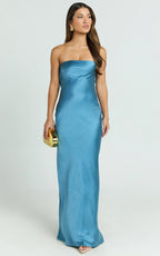 Charlita Maxi Dress - Strapless Cowl Back Satin Dress in Steel Blue