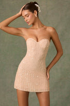 Embellished Sweetheart-Neck A-Line Mini Dress in Apricot