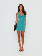 Hypnotise Ruched Halter Mini Dress Teal Shimmer