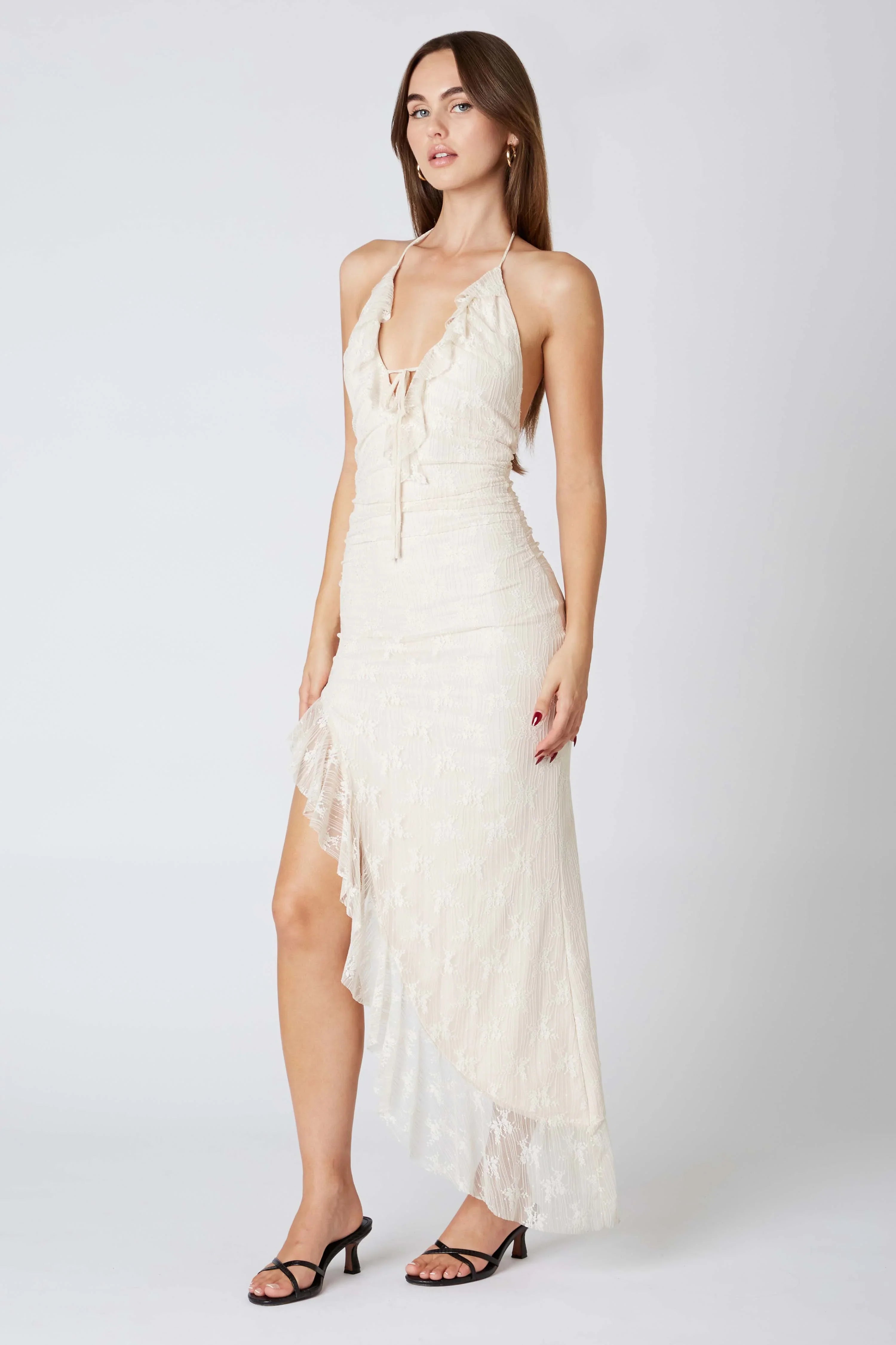 Lace Halter Asymmetrical Midi Dress