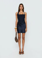 Kilah Beaded Halter Mini Dress Navy
