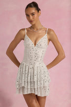 Embellished Ruffled Tiered Mini Dress in White