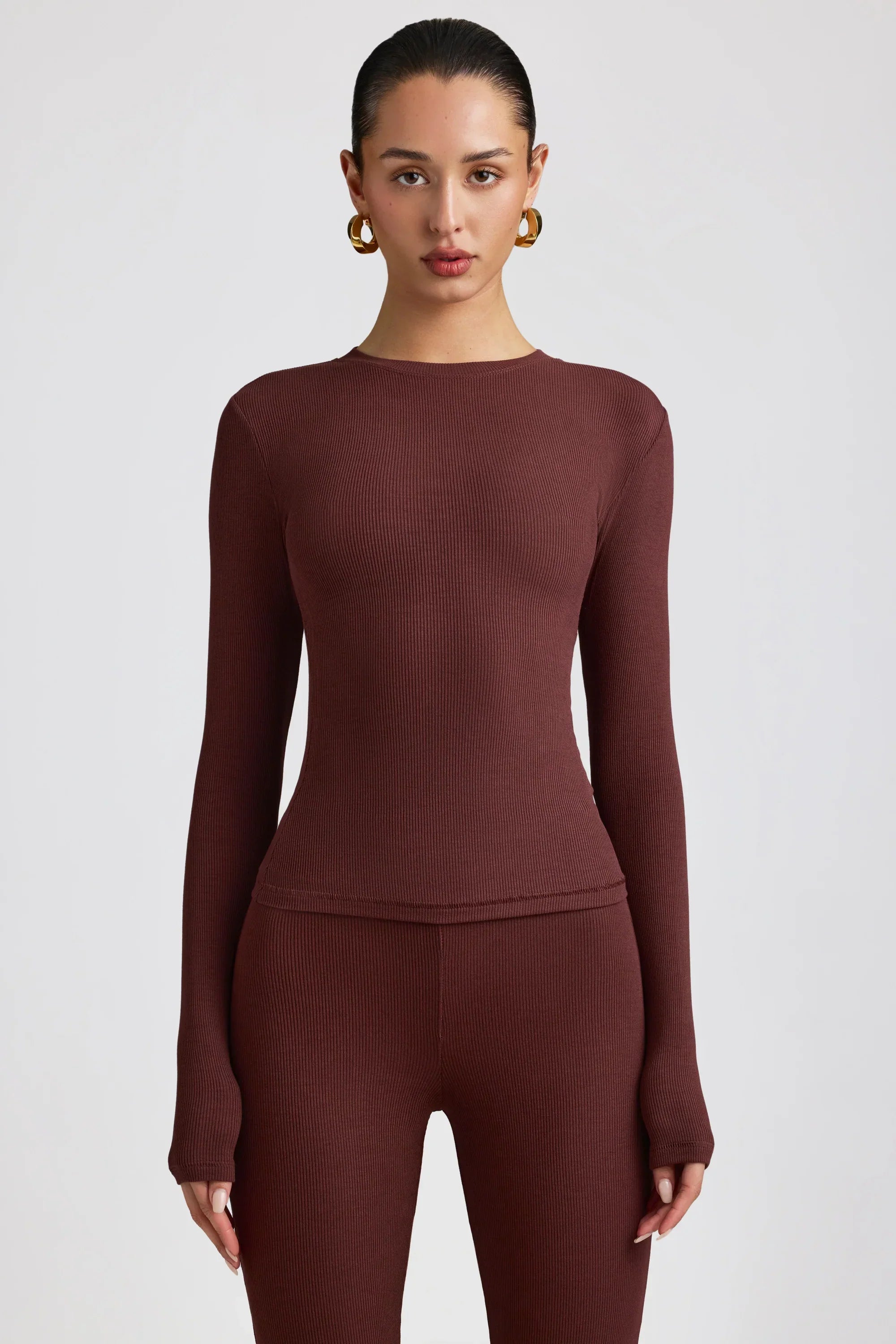 Ribbed Modal Crew Neck Top in Espresso