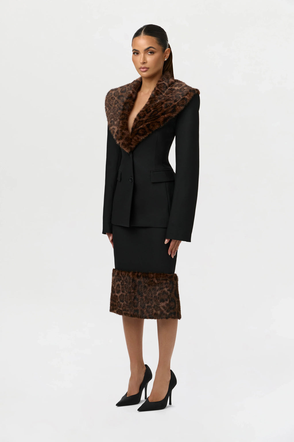 Suiting Faux Fur Leopard Midi Skirt