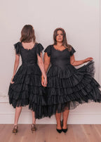 Romantic Ruffle Tiered Lace Midi Dress – Burgundy / Apricot / Black