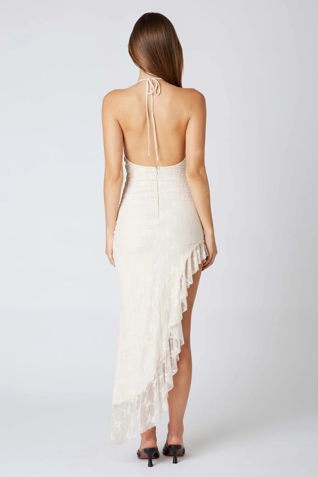 Lace Halter Asymmetrical Midi Dress