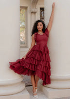 Romantic Ruffle Tiered Lace Midi Dress – Burgundy / Apricot / Black