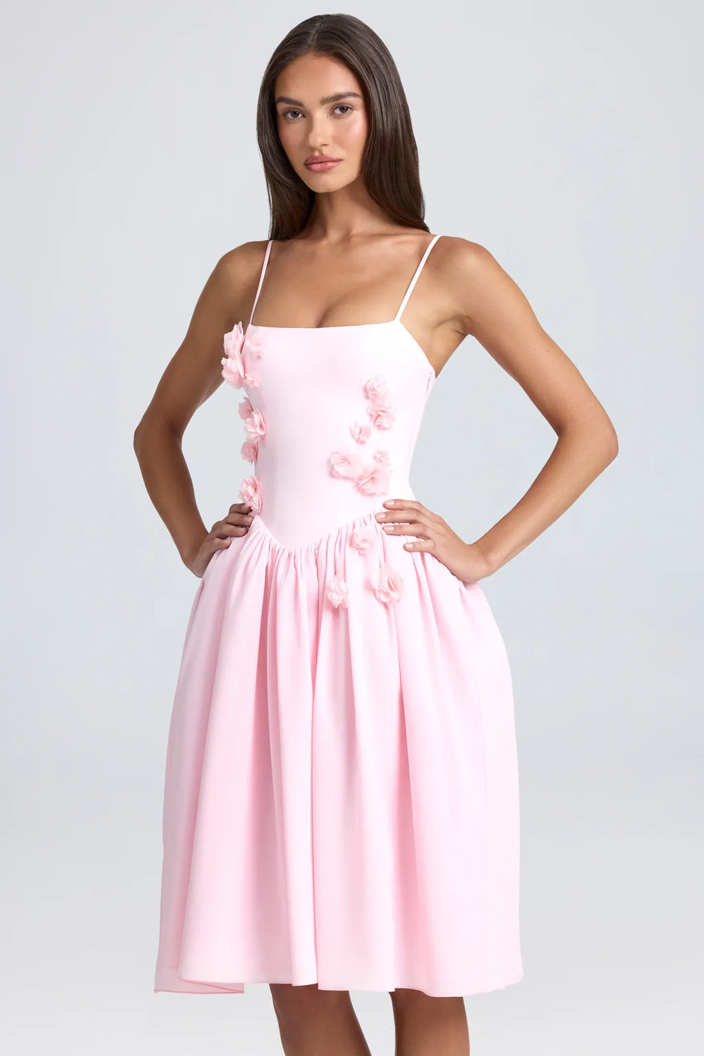 Floral-Appliqué Midi Dress in Ivory