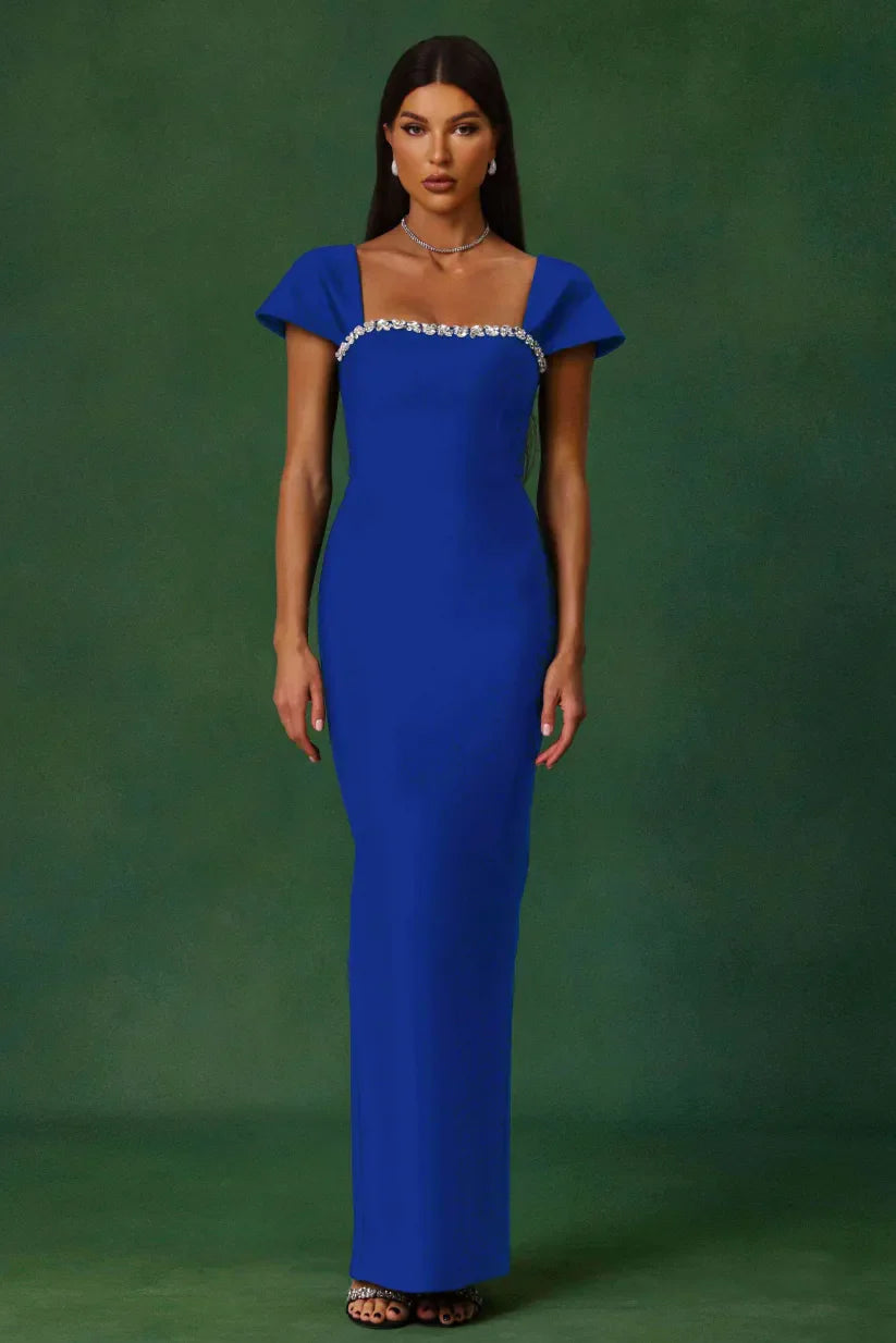 Romelle Diamond Bandage Maxi Dress – Short Sleeve Elegant Gown