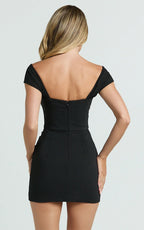 Veronika Mini Dress - Off Shoulder Plunge Fit And Flare Dress in Black