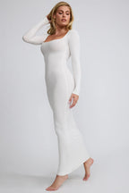 Ribbed Modal Long Sleeve Maxi Dress in White