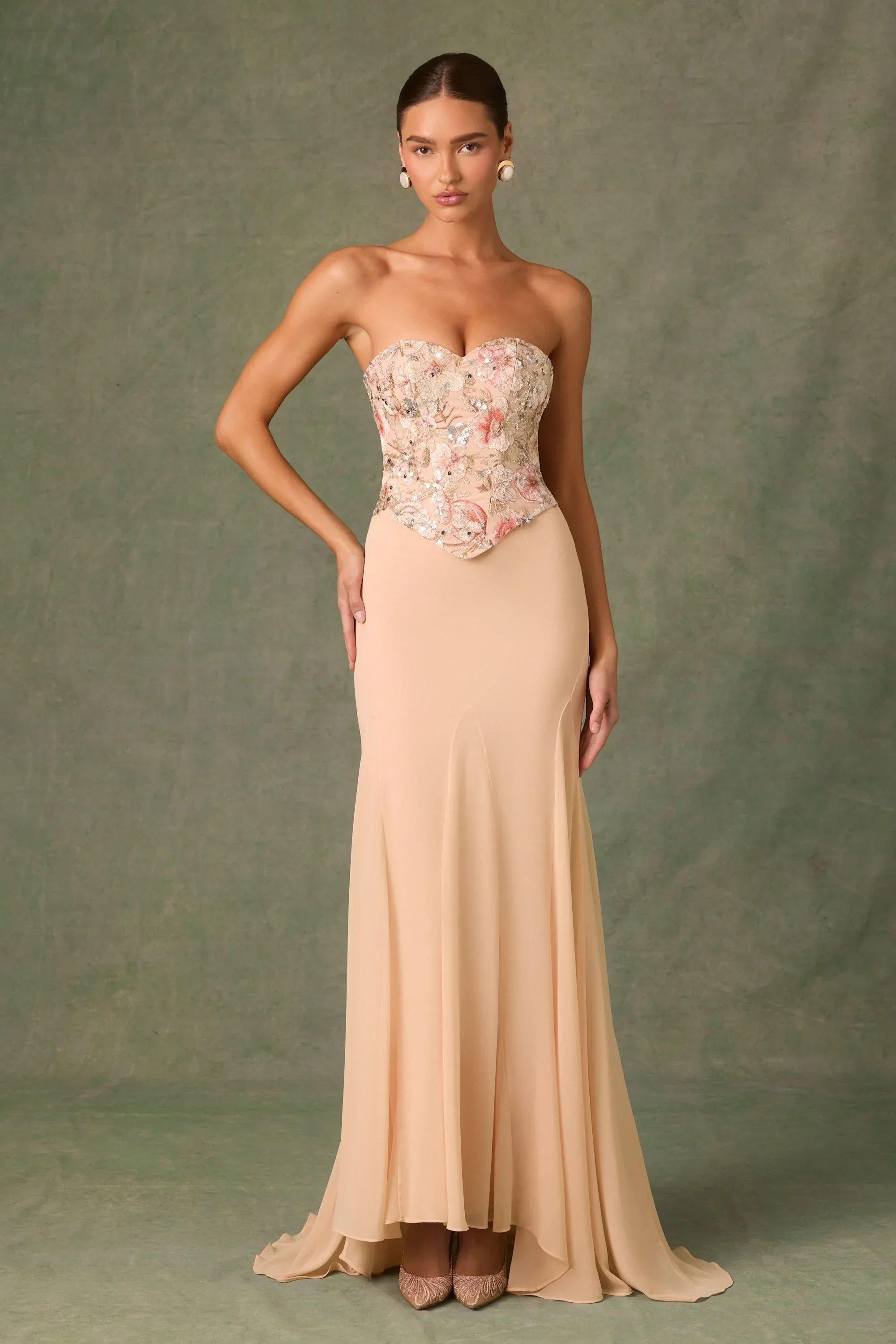 Embellished Corset Fishtail Gown in Floral Beige