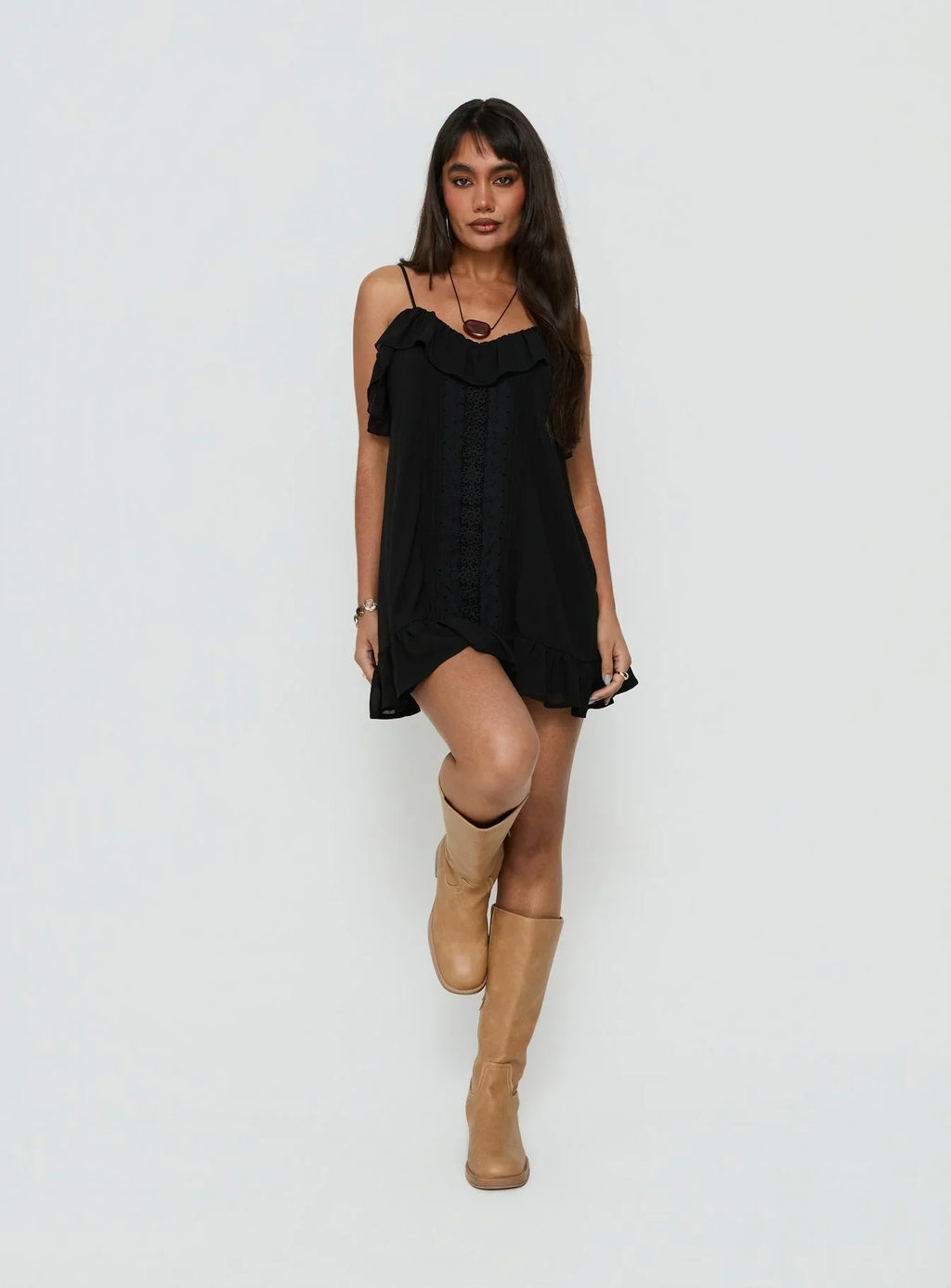 Somnielle Frill Lace Detail Mini Dress Black