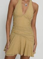 Sayla Halter Ruched Mini Dress Yellow Check